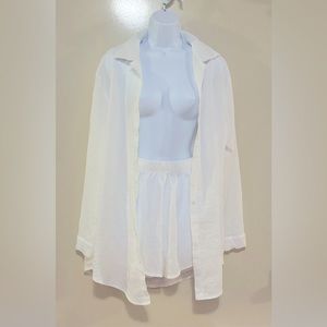 2pcs/Set Solid Plain Color long Sleeve Top And Shorts Cover Up Set,